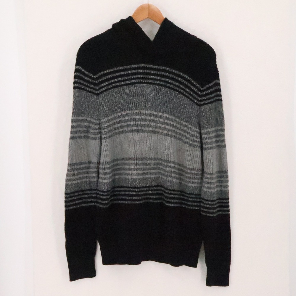 Express Striped Knit Hoodie Sweater Mens Size L Black Grey Grandpa Cotton NWOT